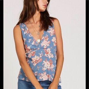 New with tags VOLCOM Forget Yoself Cami, blue floral print, size M